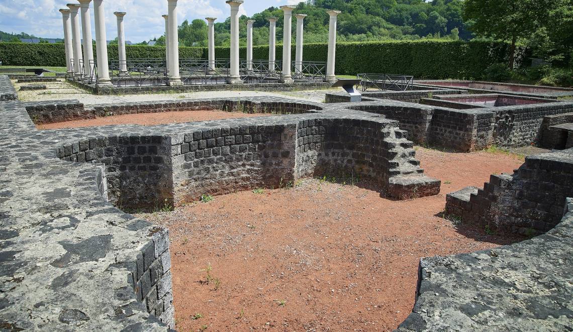 Pillars and vestiges of the Roman villa in Echternach